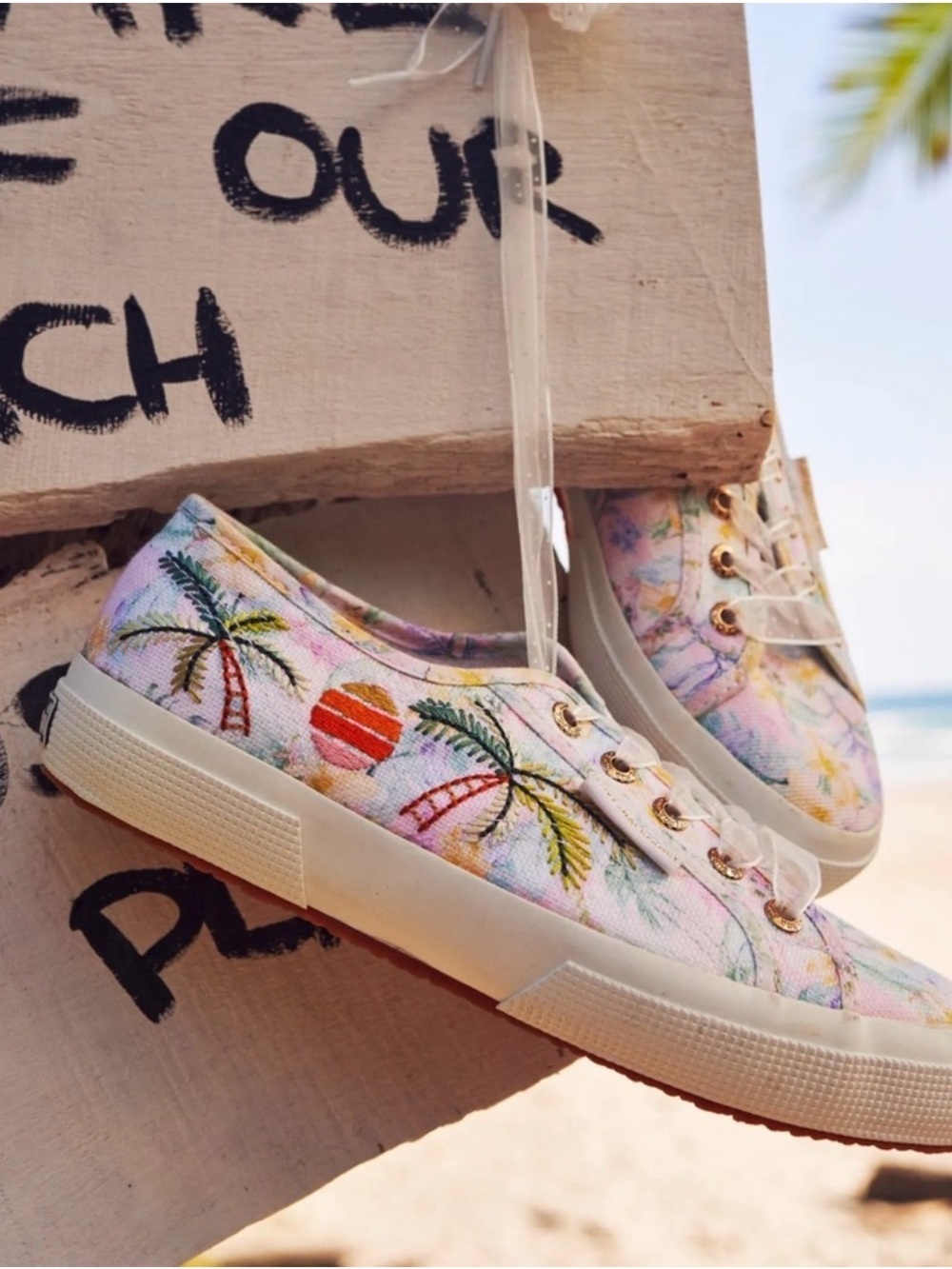 Love Shack Fancy Palm-Print Canvas Sneakers - Pastel Pink/Yellow W8.5